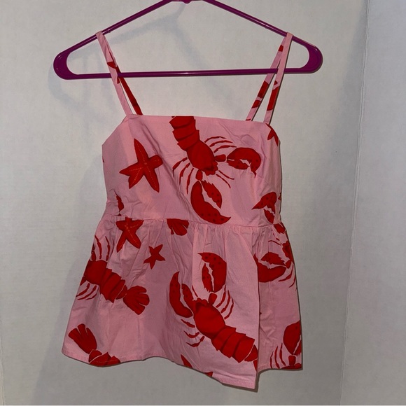 J Crew Women's 0 Tank Top Pink Tie-Back Strappy Lobster Starfish Peplum NWT - Picture 4 of 12